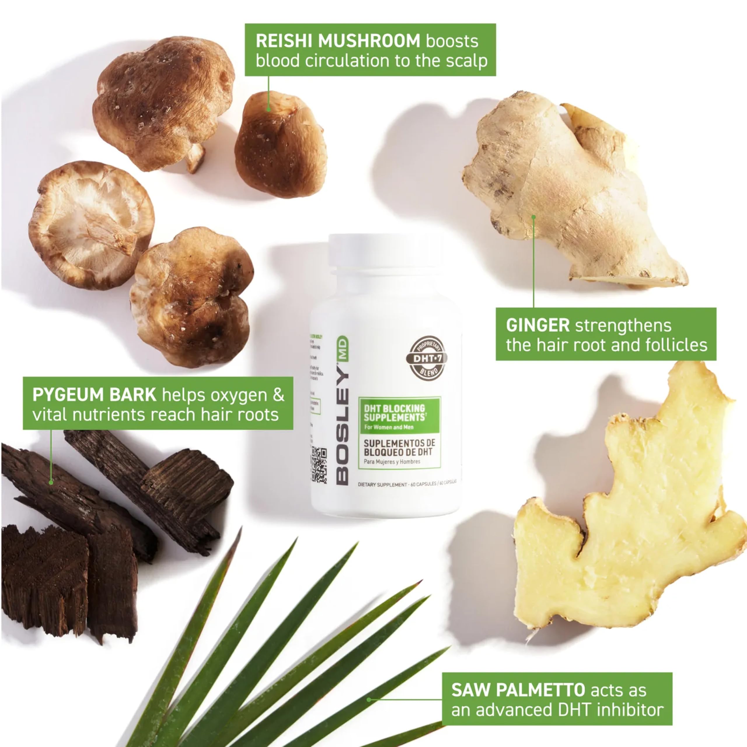 BosleyMD DHT-7 Blend packaging with hangtag communicates vegan formula