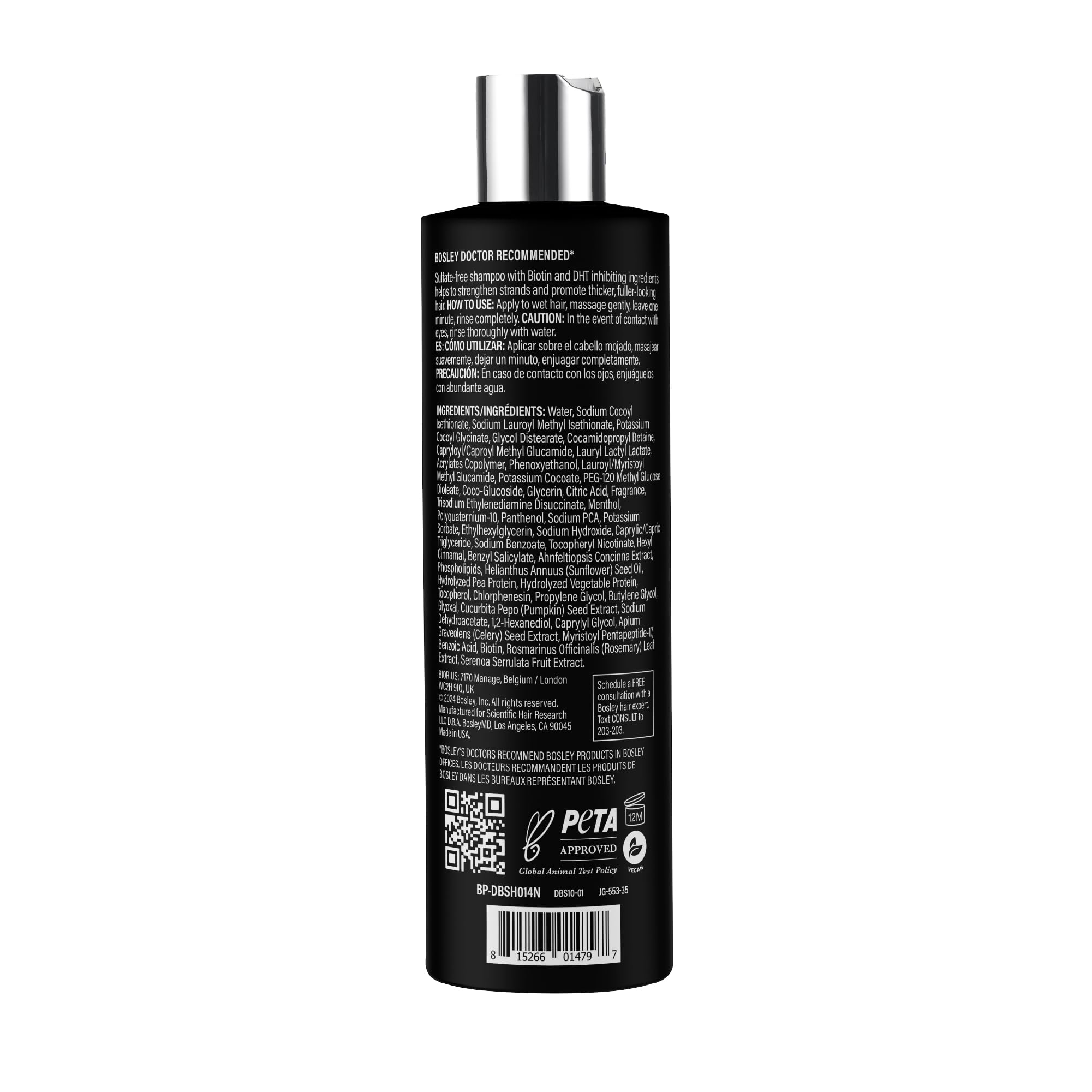 BosleyMD 2-in-1 bottle label highlights Biotin and Saw Palmetto for healthier follicles.