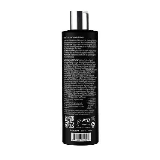 BosleyMD 2-in-1 bottle label highlights Biotin and Saw Palmetto for healthier follicles.