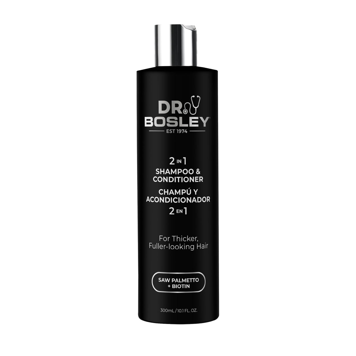 BosleyMD Dr. Bosley 2-in-1 shampoo bottle promoting fuller-looking hair with gentle cleansing.