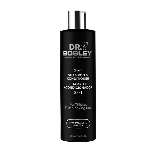 BosleyMD Dr. Bosley 2-in-1 shampoo bottle promoting fuller-looking hair with gentle cleansing.