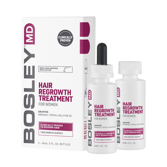 BosleyMD hair regrowth treatment bottle pour demonstrates controlled application for thinning hair.