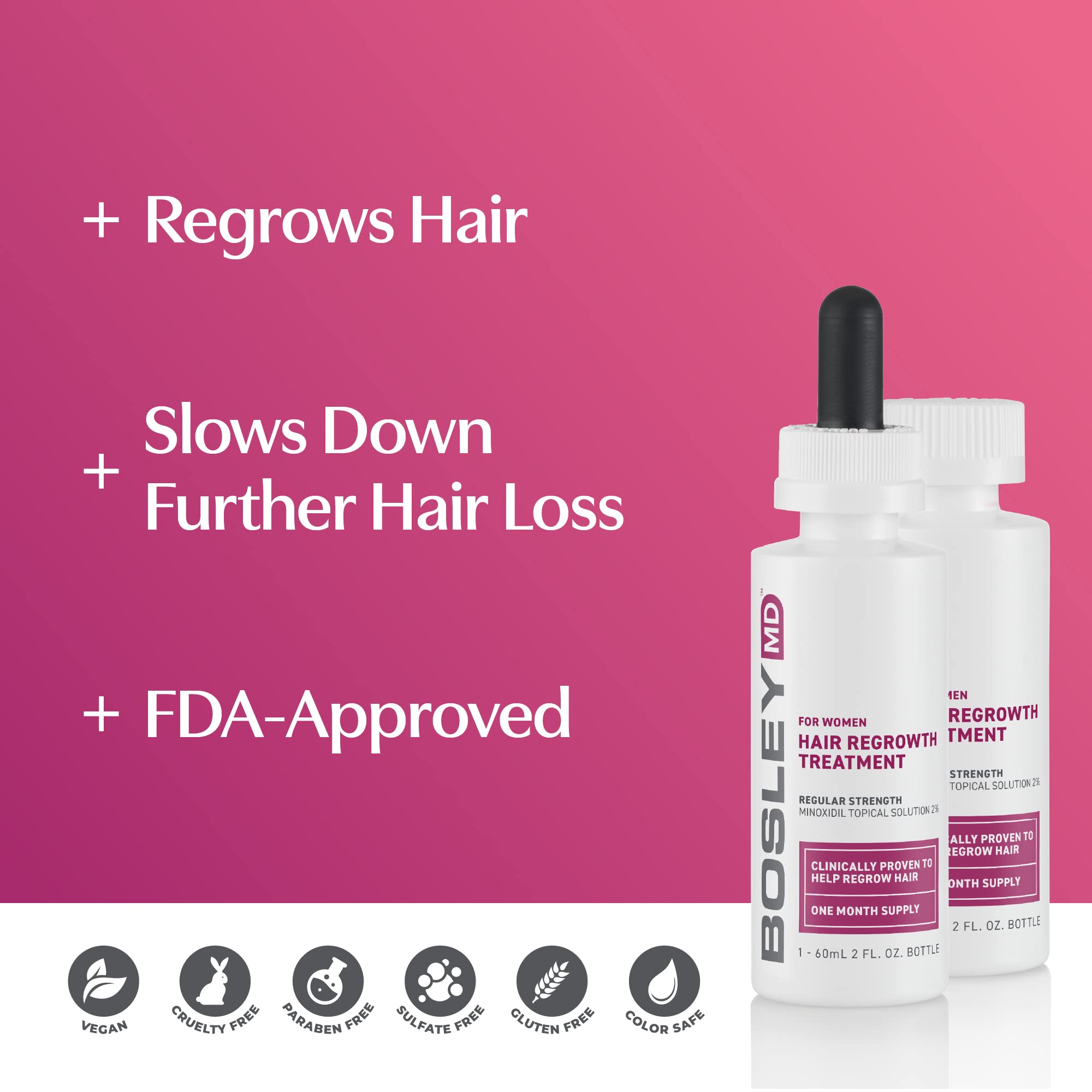 BosleyMD label closeup emphasizes vegan, sulfate free, and cruelty free standards.