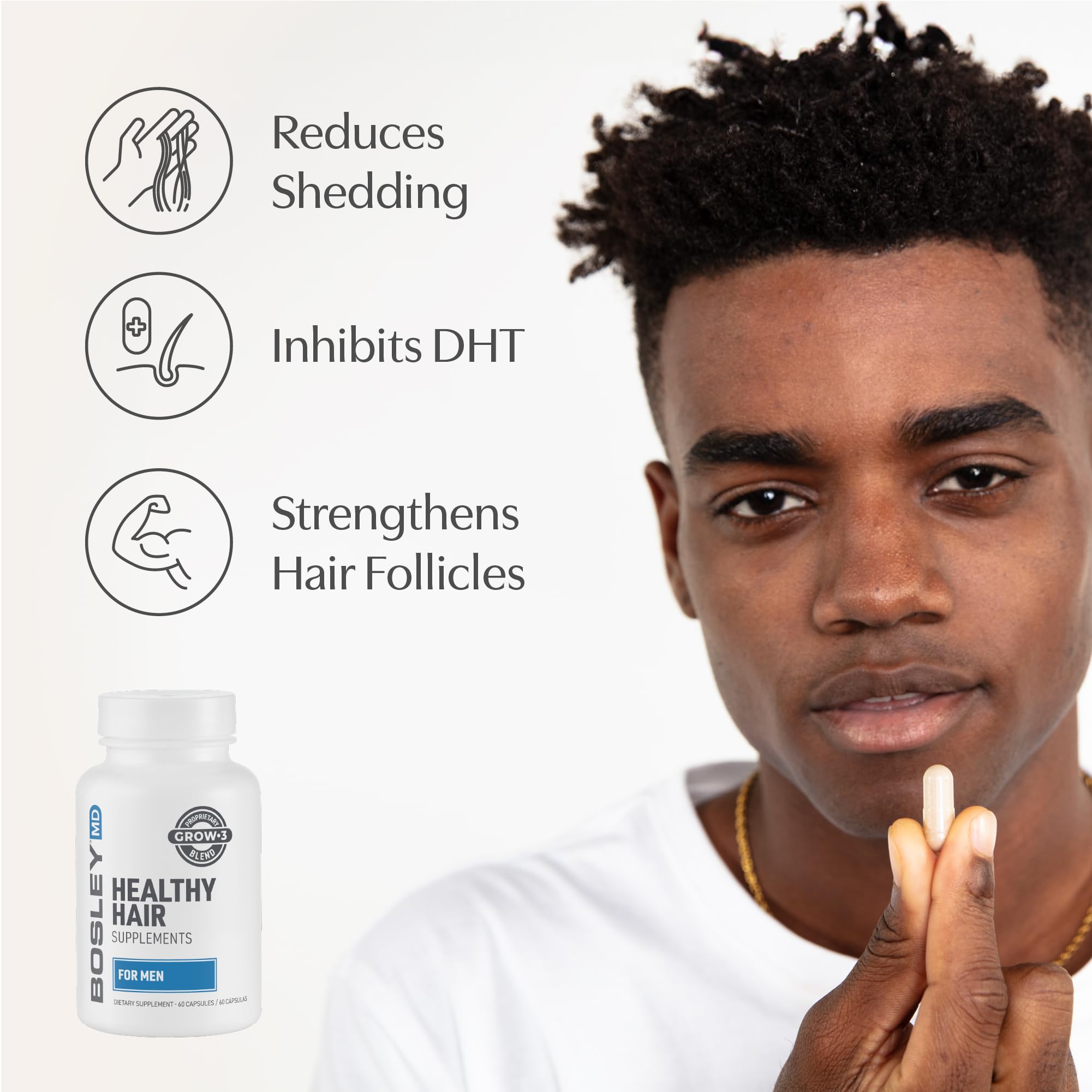 Close-up of BosleyMD capsules ready for daily use to support hair vitality.