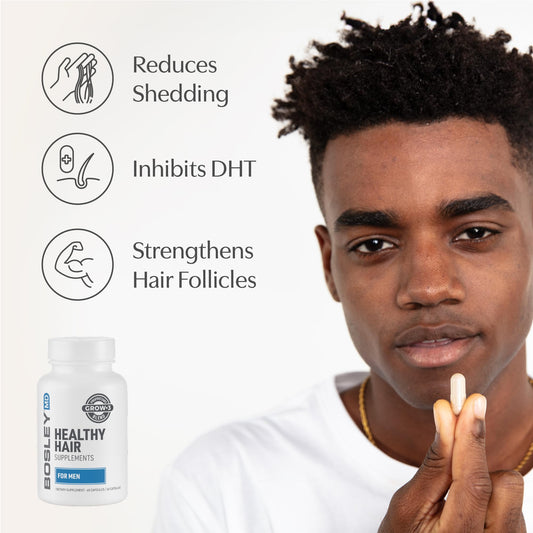 Close-up of BosleyMD capsules ready for daily use to support hair vitality.