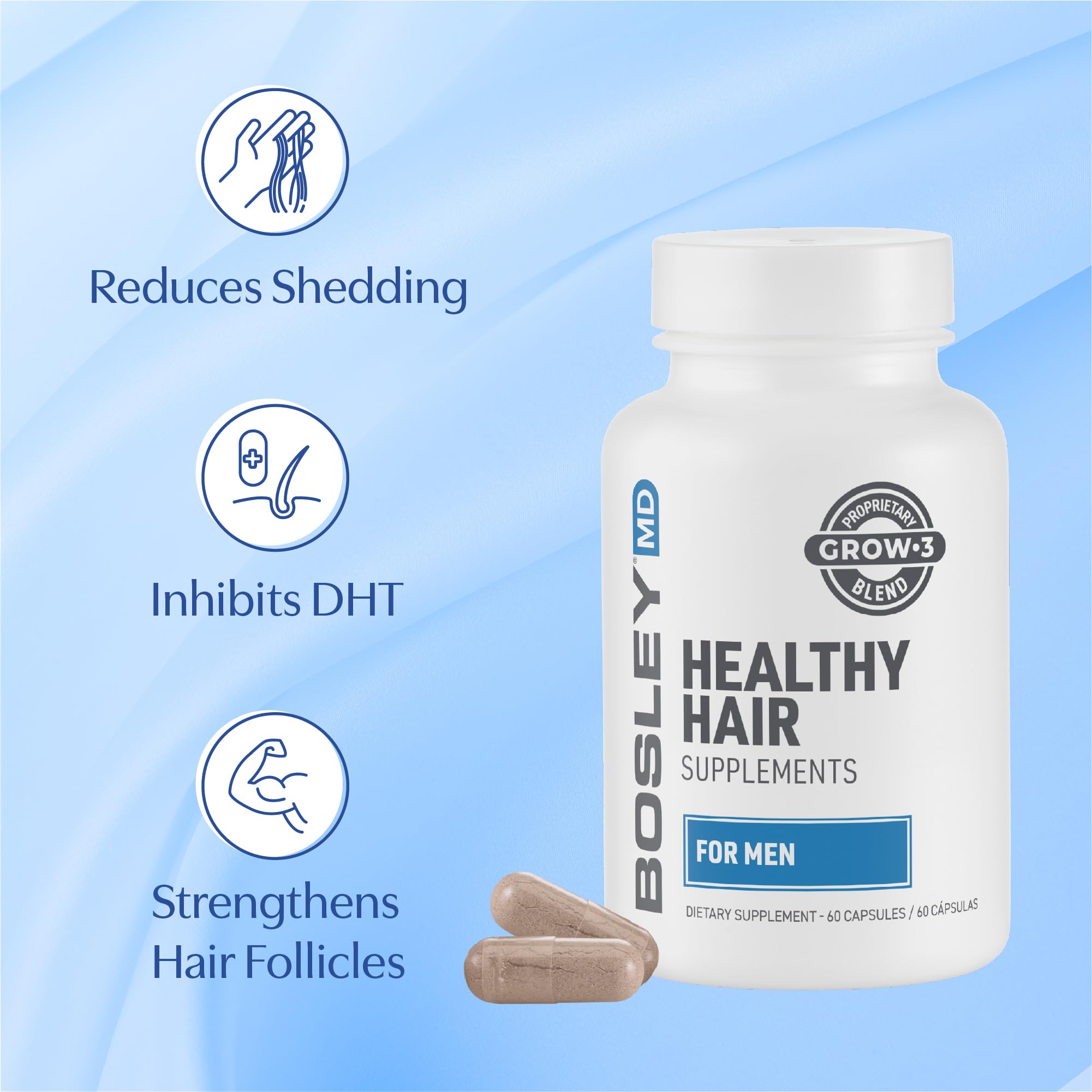 Packaging view of BosleyMD Men’s Hair Supplements highlighting vegan formula.
