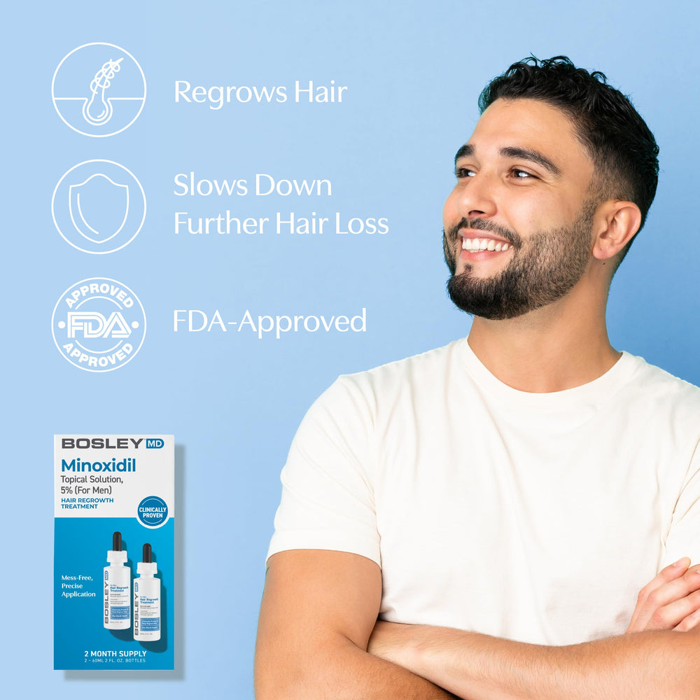 BosleyMD minoxidil bottle being poured for easy application.