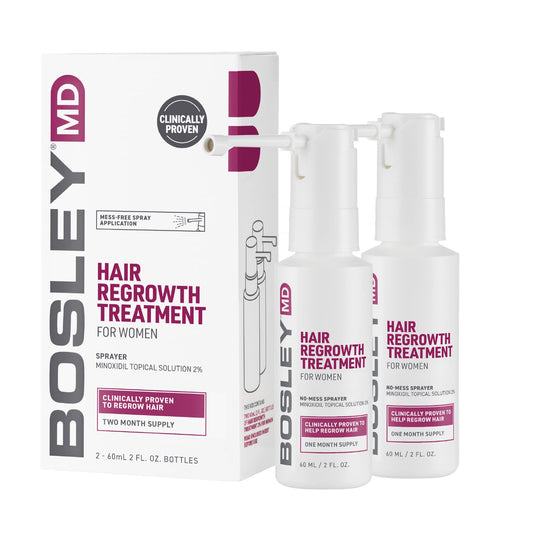 BosleyMD Minoxidil Woman Spray with no-mess sprayer for targeted thinning coverage and fuller look