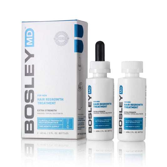 BosleyMD professional-strength minoxidil bottle close-up for targeted regrowth support.