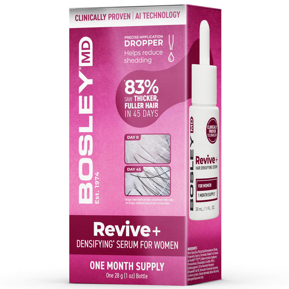 BosleyMD Revive+ bottle front view, a drug-free scalp serum for daily care