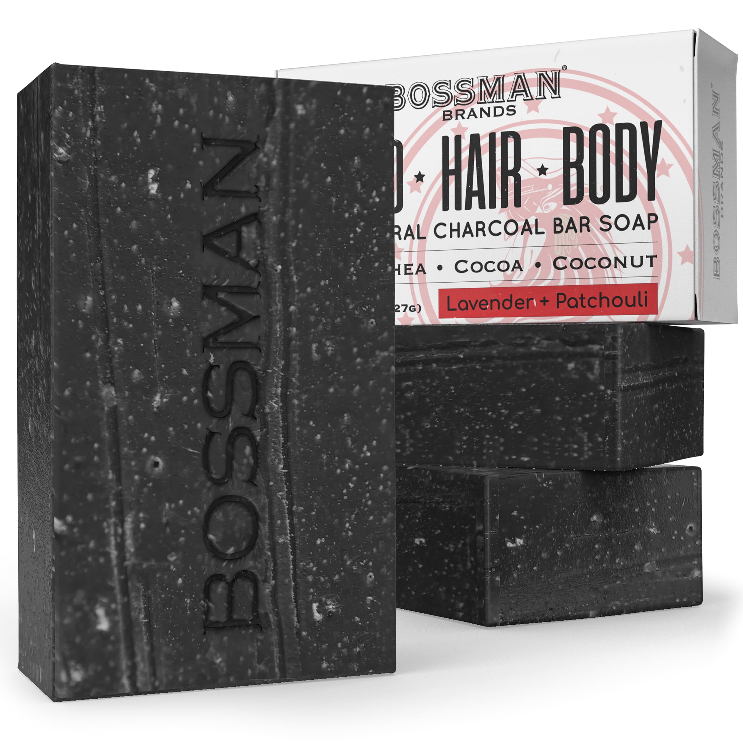 Bossman 4-in-1 charcoal soap bar on wood, ideal for beard, hair, and skin care