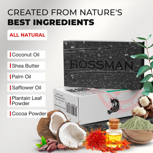 Bossman charcoal soap bar in hand ready for beard and skin cleansing