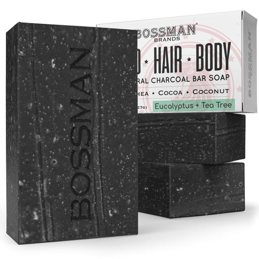 Bossman charcoal soap bar packaging shows 4-in-1 formula for beard, hair, body, shaving