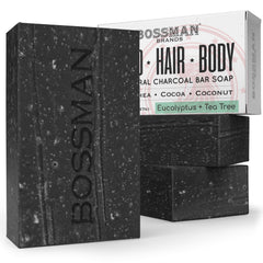 Bossman charcoal soap bar packaging shows 4-in-1 formula for beard, hair, body, shaving