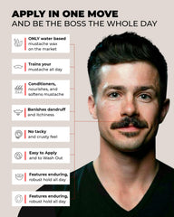 Hands applying Bossman MUDstache wax demonstrate easy-to-use, non-tacky formula.