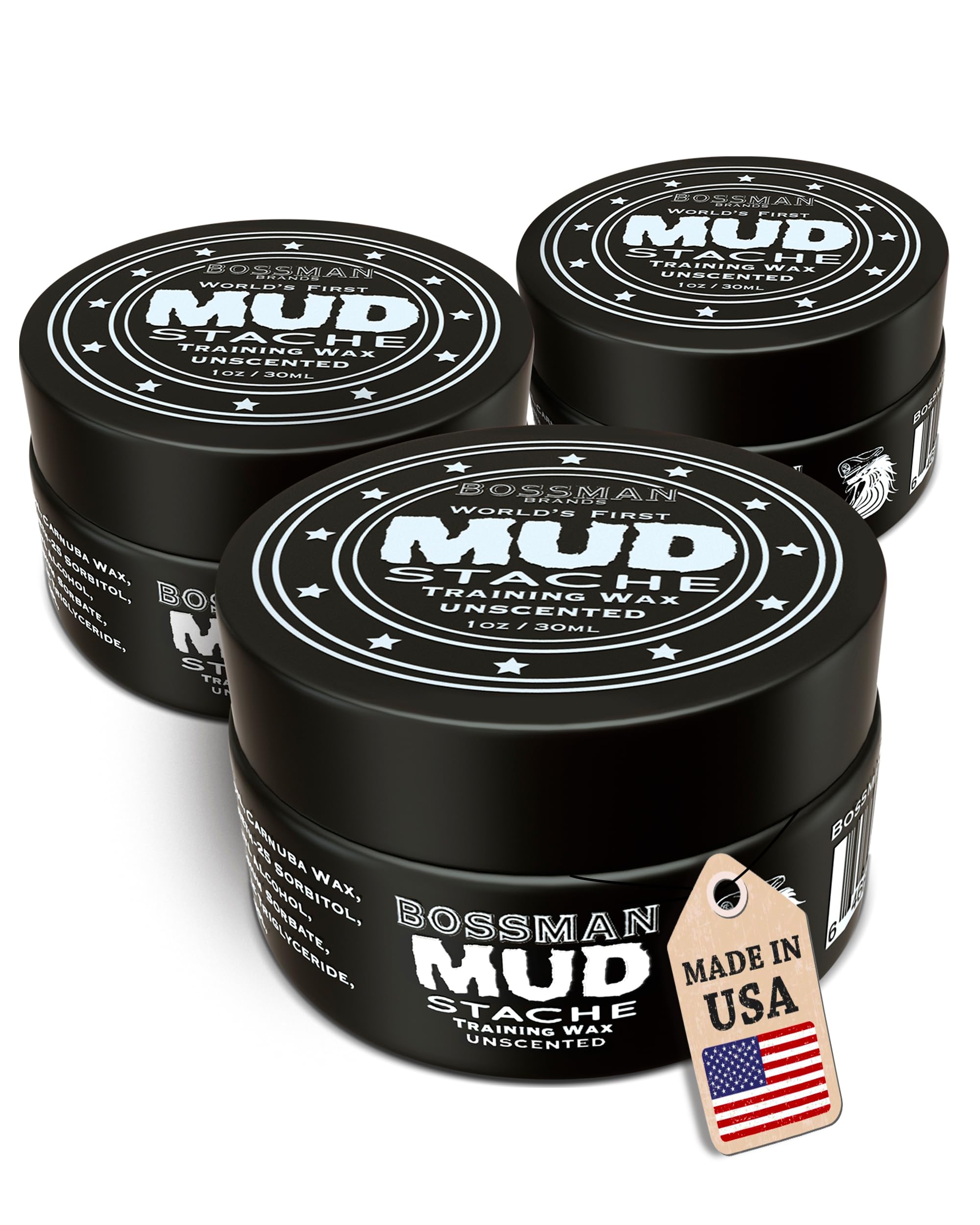 Bossman MUDstache jar close-up showing unscented formula for a clean look.