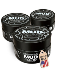 Bossman MUDstache jar close-up showing unscented formula for a clean look.