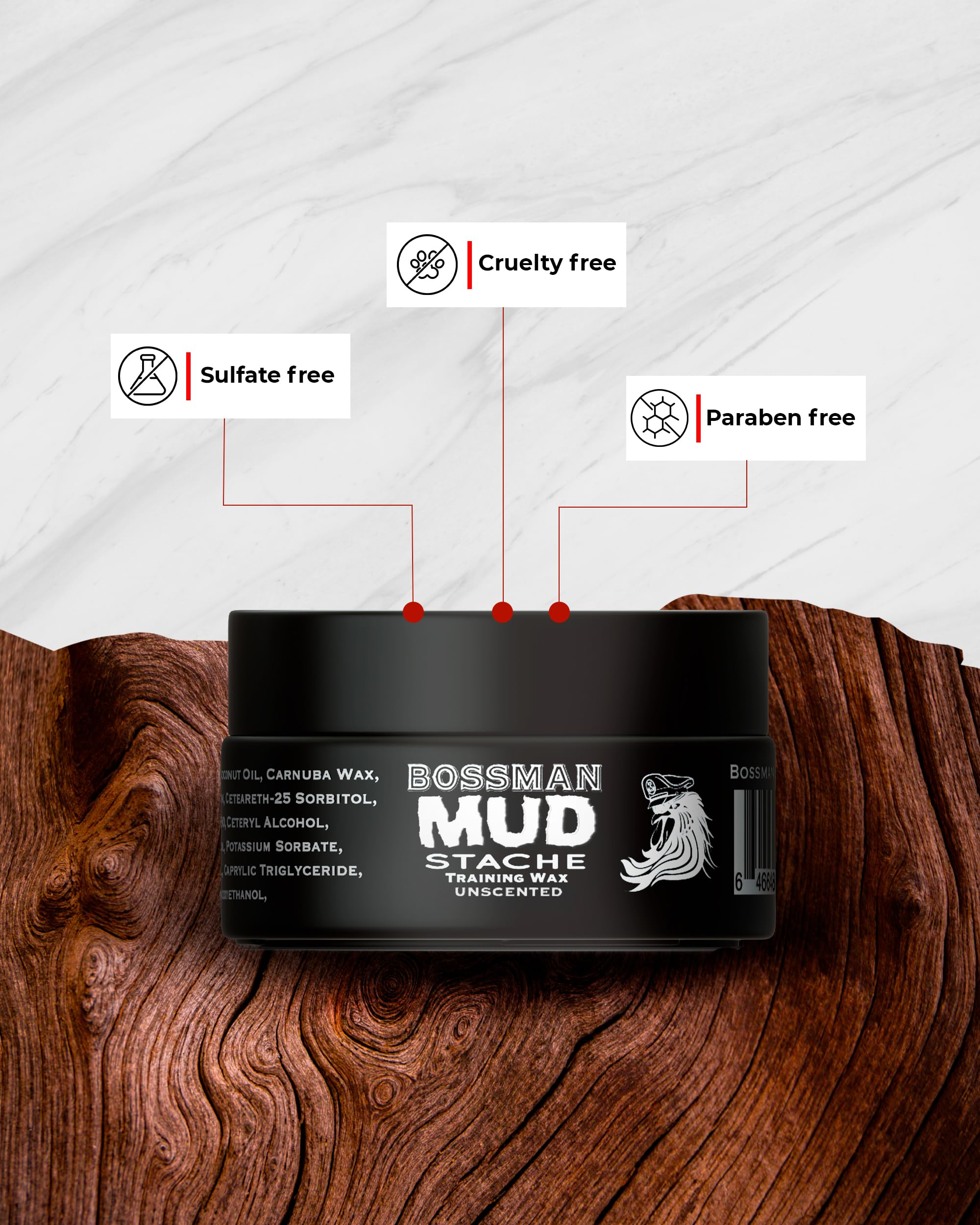 Bossman MUDstache styled handlebar mustache with strong hold.