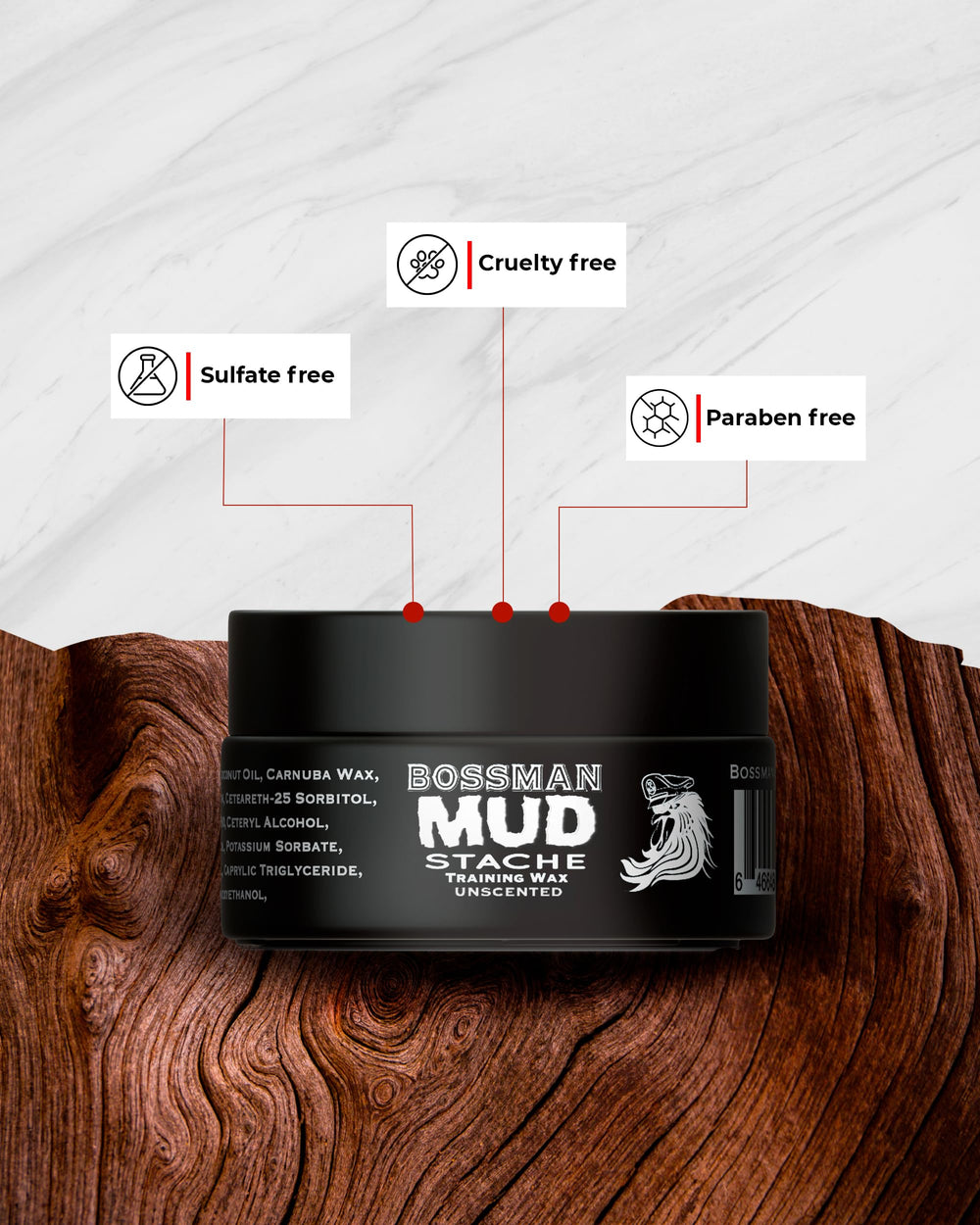 Bossman MUDstache styled handlebar mustache with strong hold.