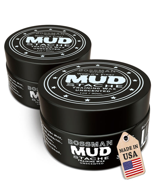 Bossman MUDstache unscented wax bottle showing strong matte hold for all-day styling.