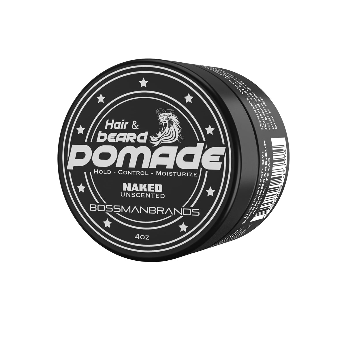 Bossman Naked pomade jar close-up for all-day beard care and hair control.