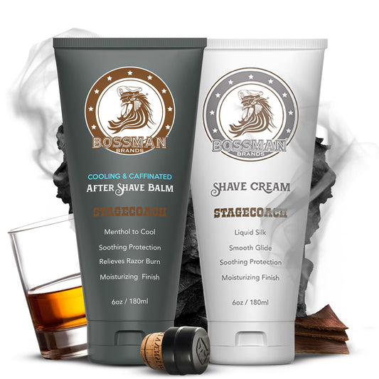 Bossman Silk shaving cream bottle with Stagecoach scent for a smooth, comfortable shave.