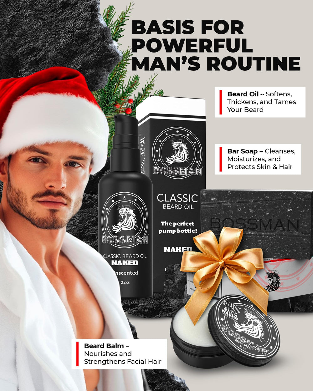 Bossman beard balm tin displayed, tames frizz and soften facial hair.