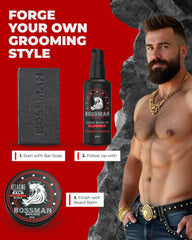 Beard balm jar highlighting frizz control and softness