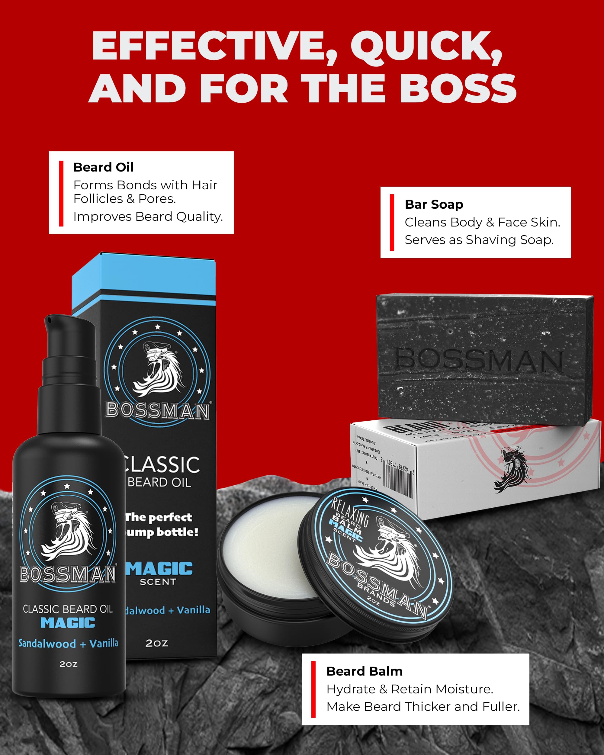 Bossman Magic Scent packaging image, blends sandalwood and vanilla notes.
