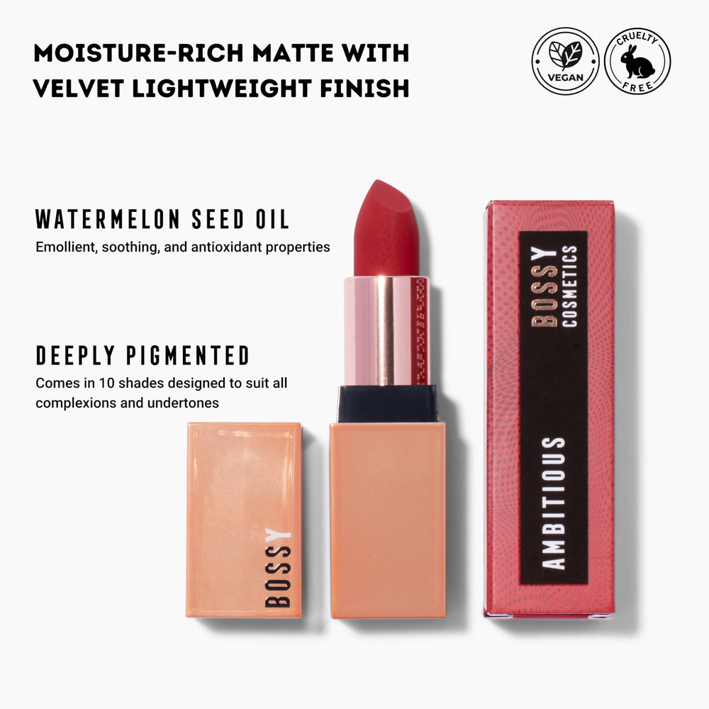 Bossy Cosmetics Ambitious Red packaging shot communicates clean, cruelty-free beauty.