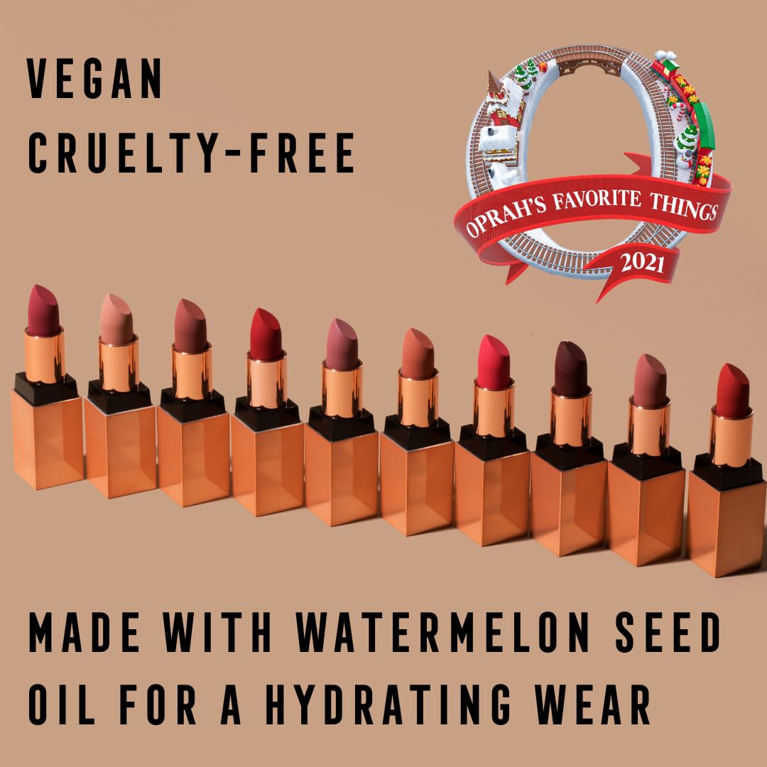 Bossy Cosmetics Ambitious Red vegan lipstick demonstrates cruelty-free appeal.