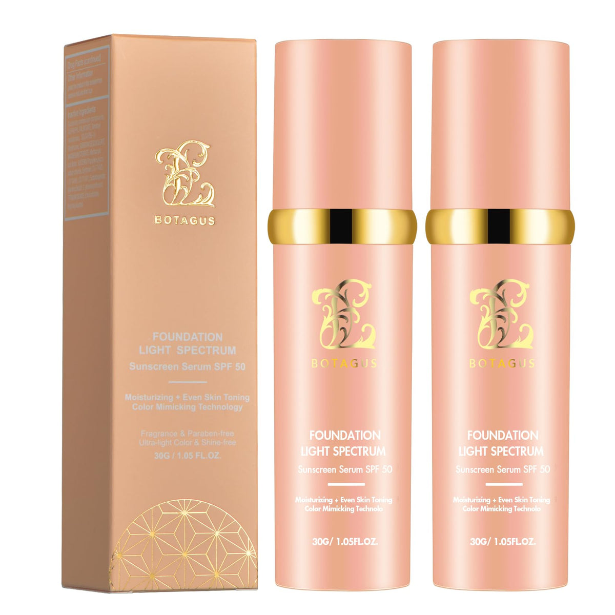 Botagus Foundation 4 in 1 Light Spectrum bottle closeup shows SPF50 protection and even coverage.