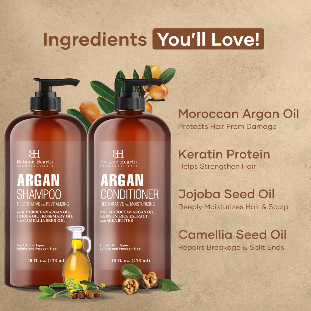 Botanic Hearth Argan Oil ingredient panel emphasizes antioxidants and essential fatty acids.