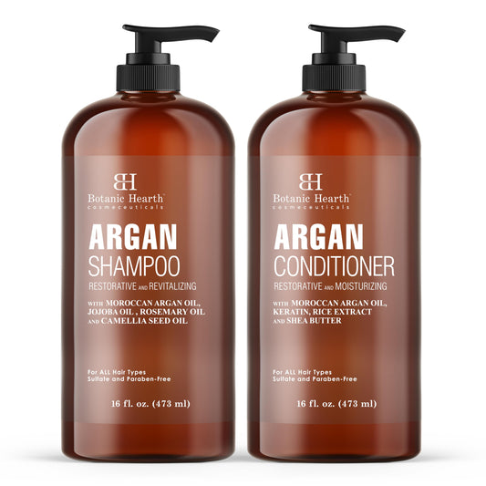 Botanic Hearth Argan Shampoo bottle close-up, highlighting a hydrating formula for dry hair.