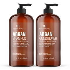 Botanic Hearth Argan Shampoo bottle close-up, highlighting a hydrating formula for dry hair.