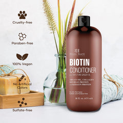 Botanic Hearth Biotin Conditioner vitamin E bottle shows smoothing and nourishing benefits
