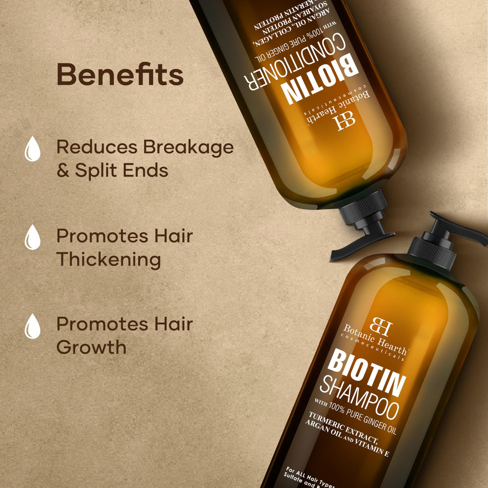 Botanic Hearth Biotin Shampoo bottle on a bathroom shelf for daily use.
