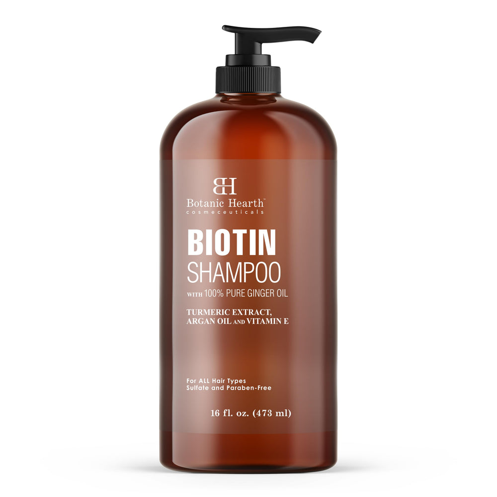 Botanic Hearth Biotin Shampoo bottle shown with foamy, luxurious wash