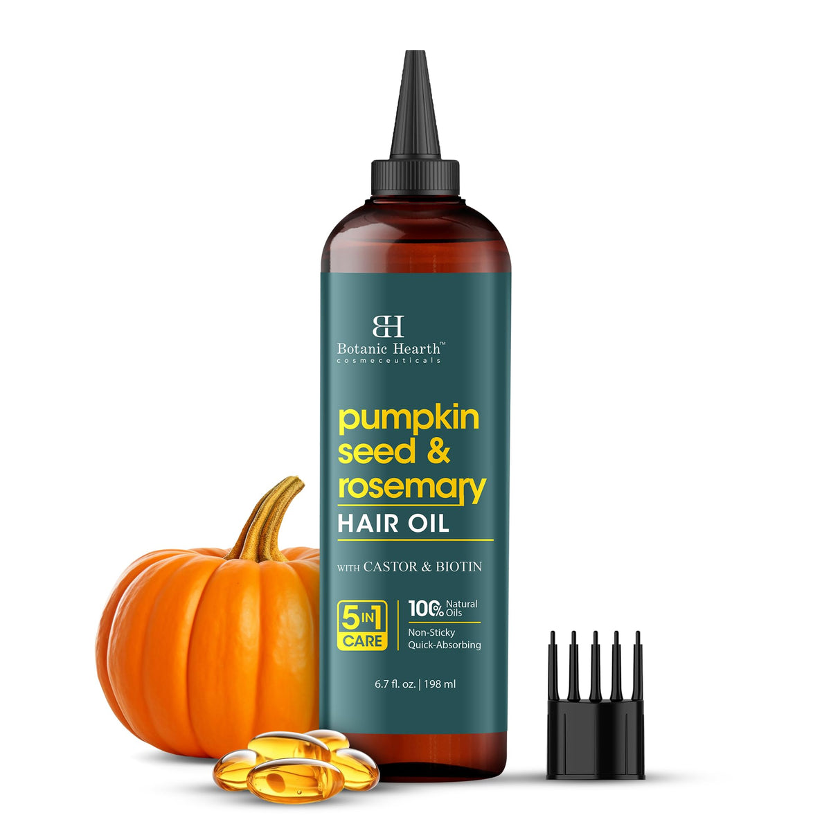 Botanic Hearth Hair Oil bottle on wood surface promoting nourished scalp.