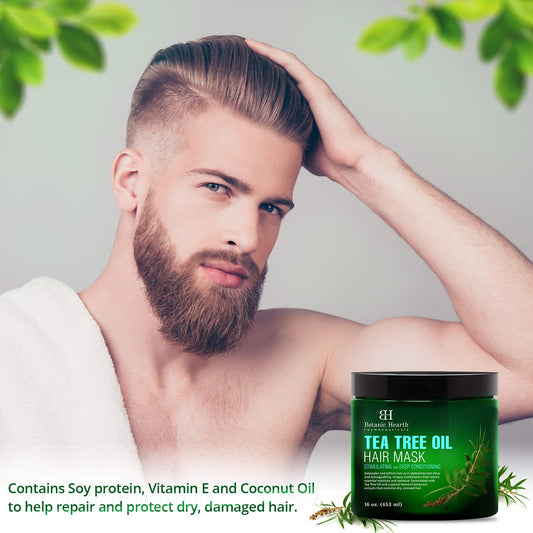 Close-up of natural ingredients in Botanic Hearth Tea Tree Hair Mask for scalp care