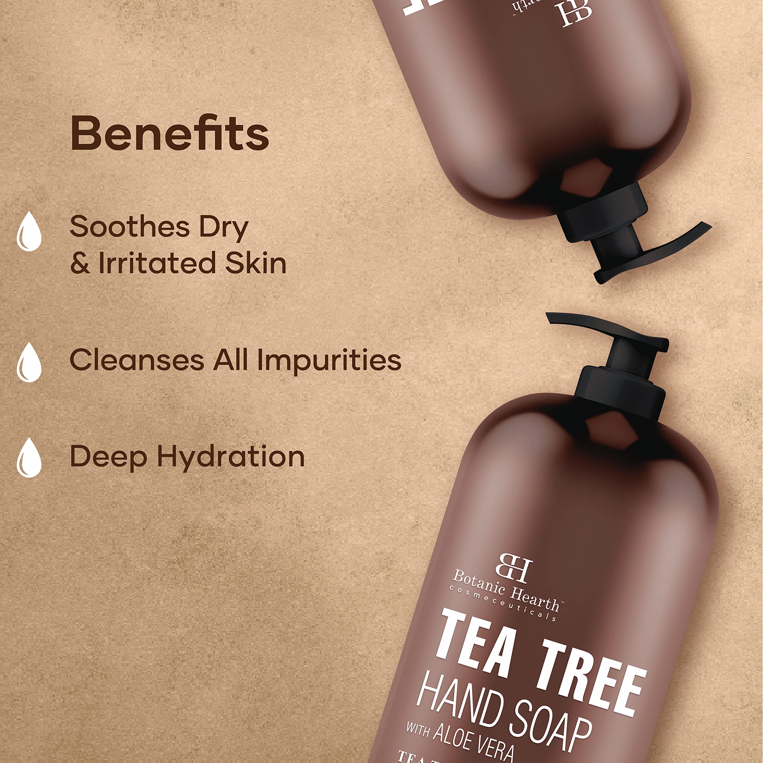 Botanic Hearth Tea Tree Hand Soap aloe vera emphasizes soothing moisture.