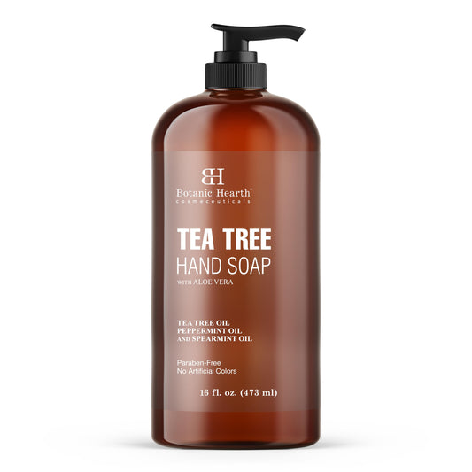 Botanic Hearth Tea Tree Hand Soap bottle shows a skin-friendly daily cleanser.