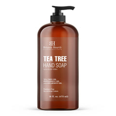 Botanic Hearth Tea Tree Hand Soap bottle shows a skin-friendly daily cleanser.
