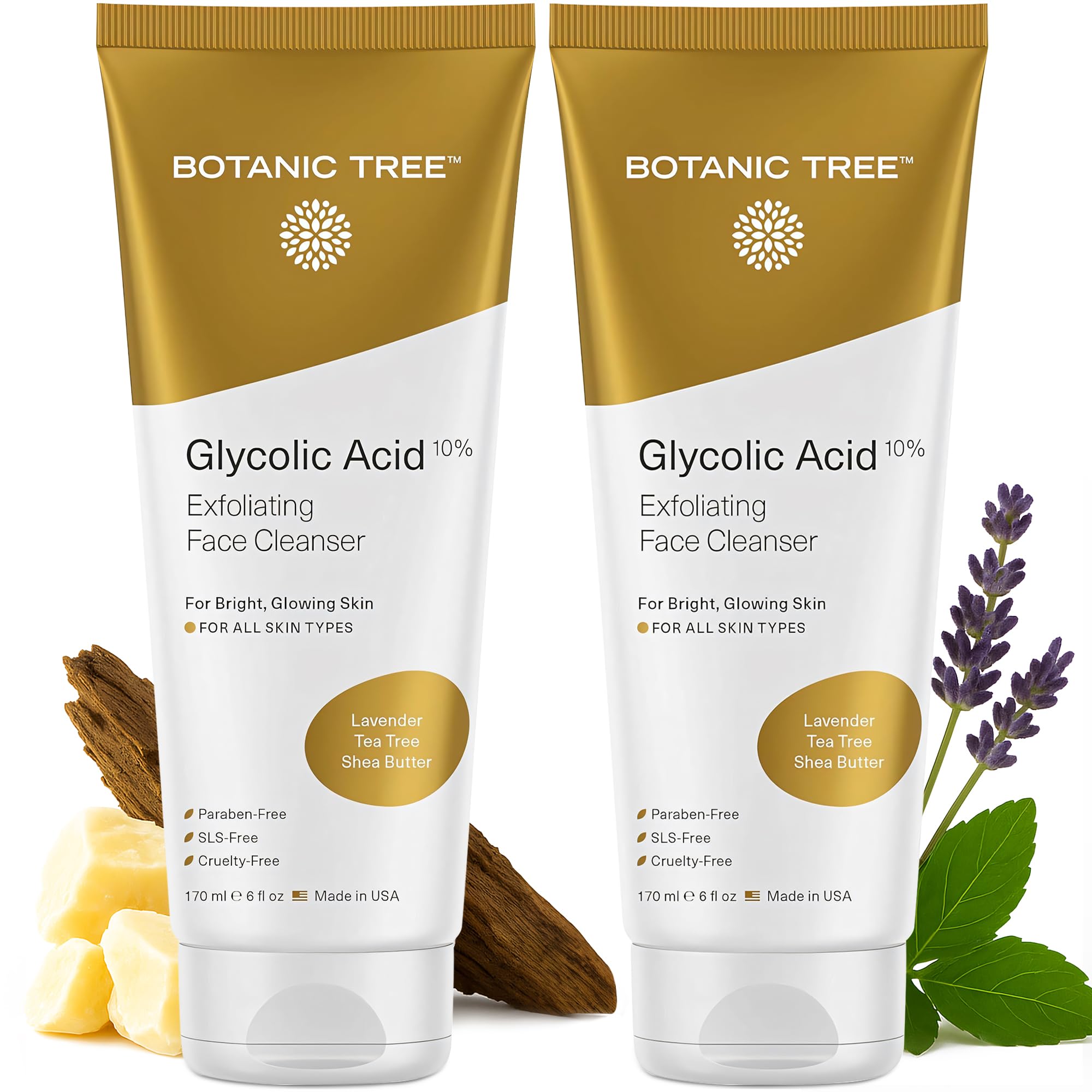 Botanic Tree Glycolic Face Wash bottle closeup for gentle cleansing and exfoliation.