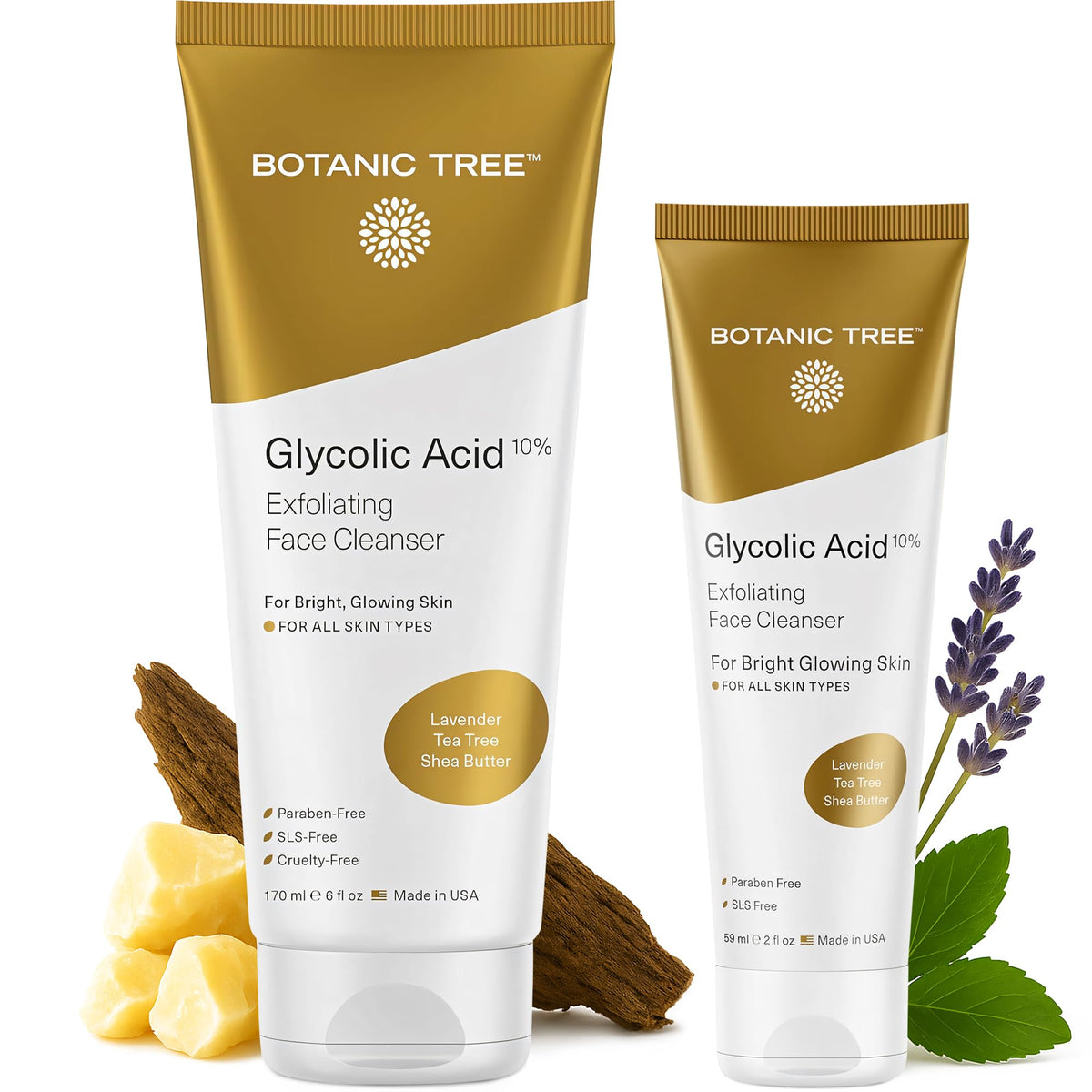 Botanic Tree glycolic face wash bottle close-up showing effective cleansing for clear skin.