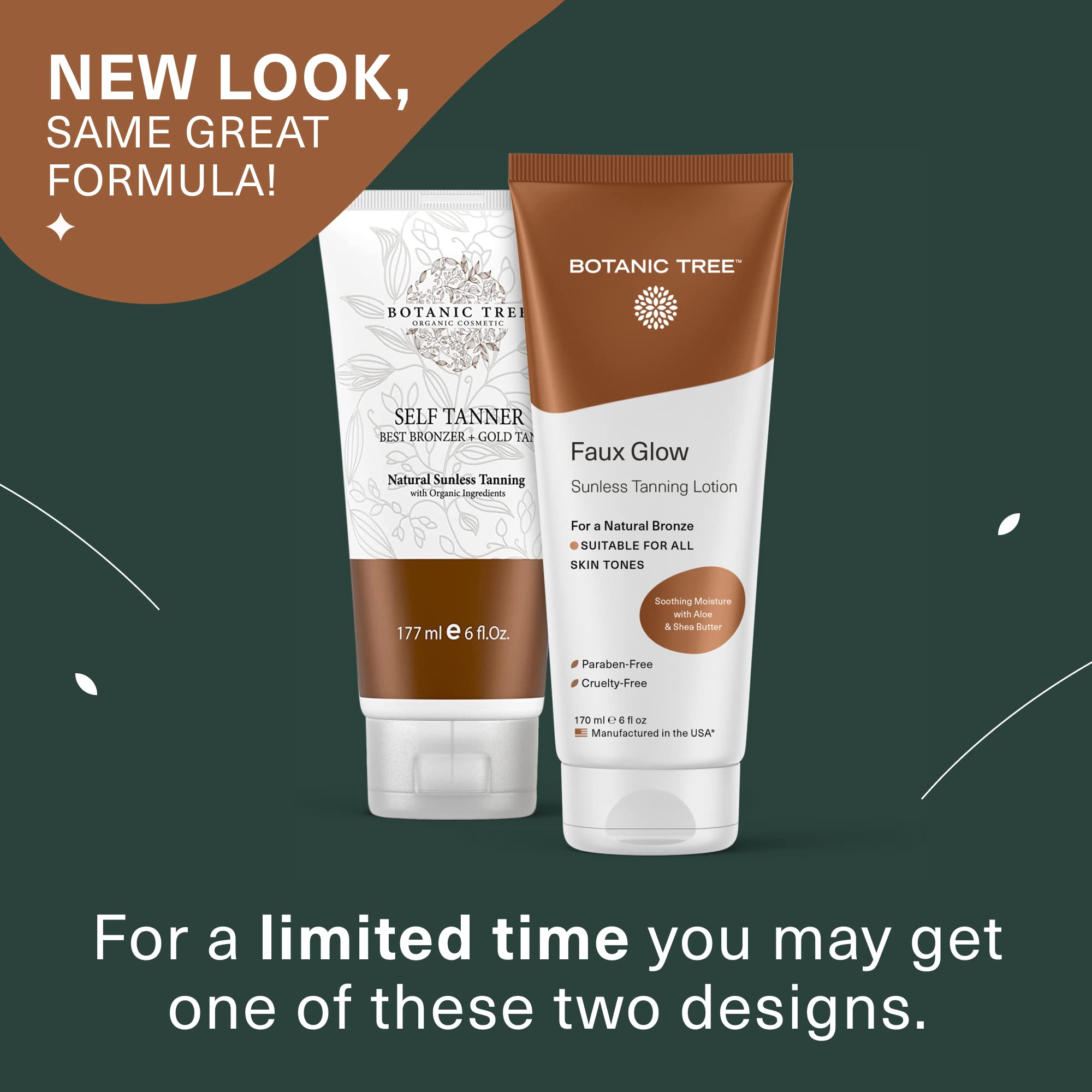 Botanic Tree Self Tanner packaging emphasizing USA-made and cruelty-free.