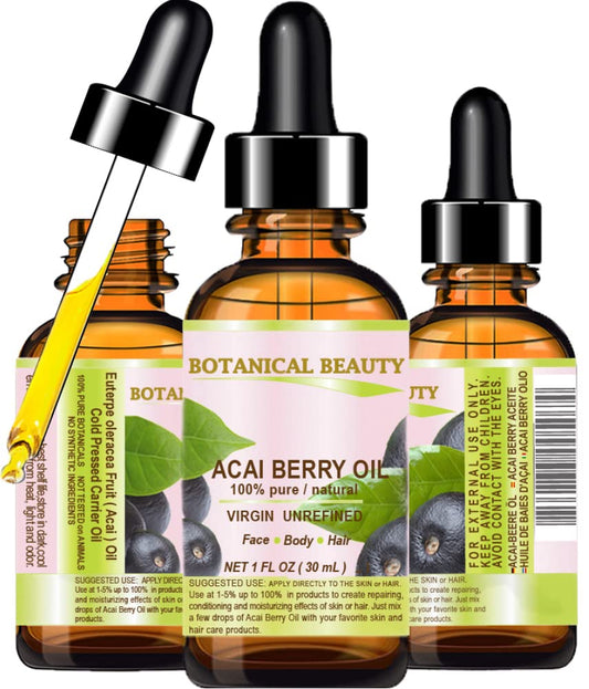 Botanical Beauty Acai Berry Oil bottle shows pure moisture for all skin types.