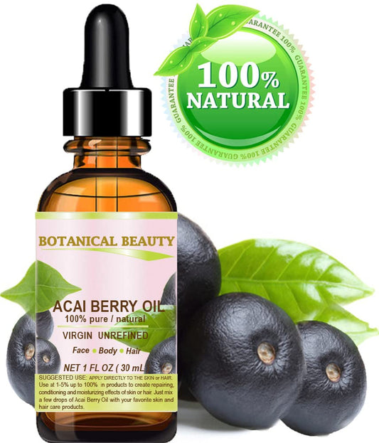 Acai Berry Oil pour captures rapid absorption without heaviness, ideal for daily care of face and body.