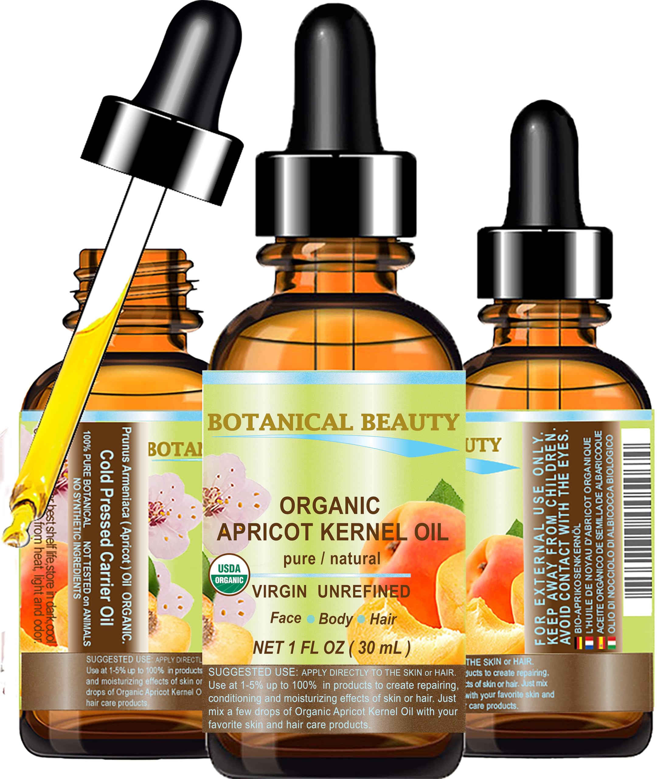 Botanical Beauty Organic Apricot Kernel Oil bottle showing pure lightweight moisturizer for daily use