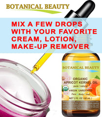 Botanical Beauty Organic Apricot Kernel Oil packing shows a compact 2 oz bottle for travel.